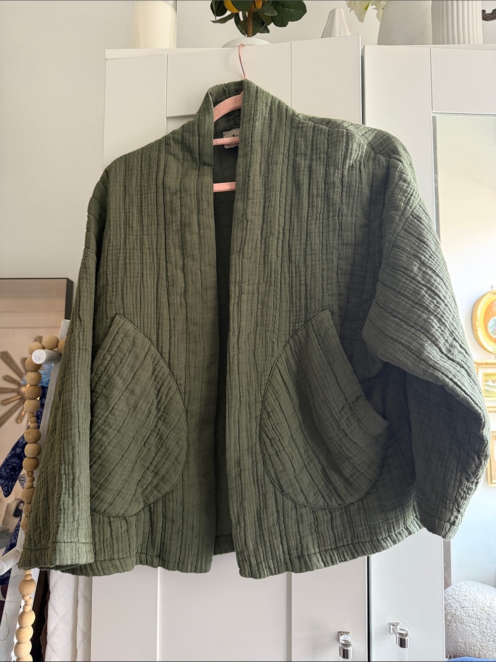 Olive Green Textured Teddy Jacket with Patch Pockets